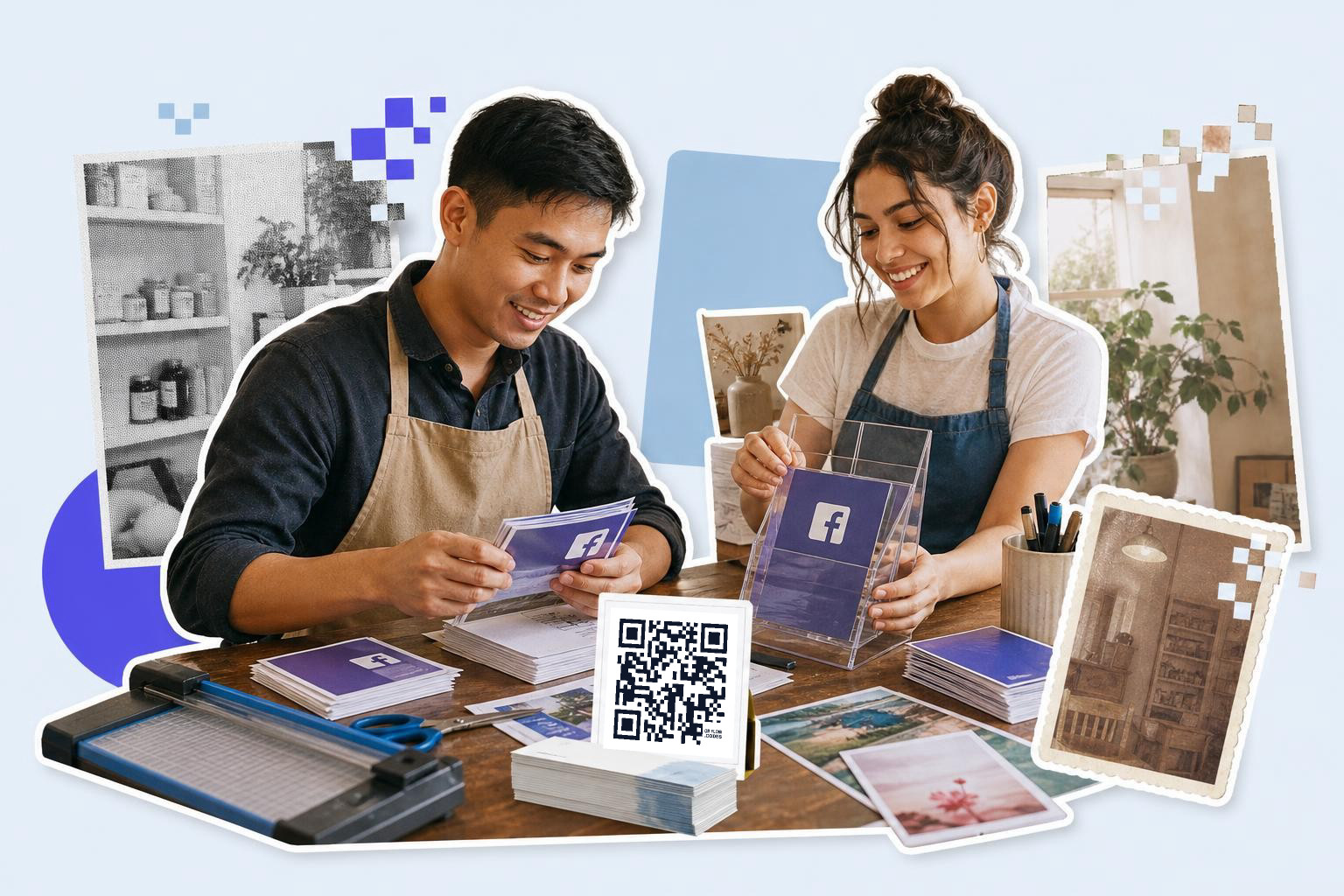 Two people are sitting at a table, smiling while organizing printed cards with a Facebook logo and a QR code, in a bright setting.