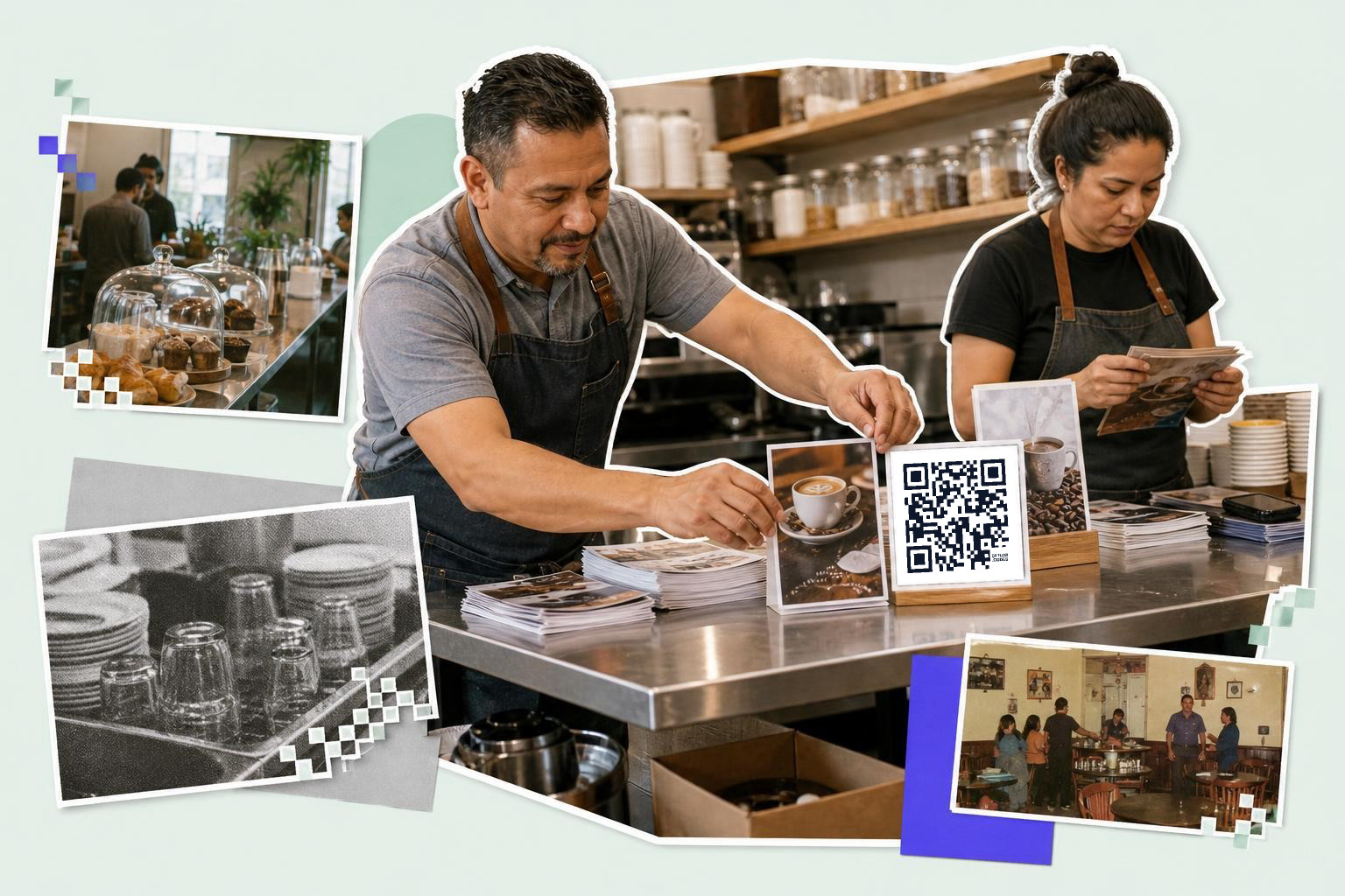 Two baristas in a café are arranging printed materials on a counter, including a card with a QR code for a Facebook page.