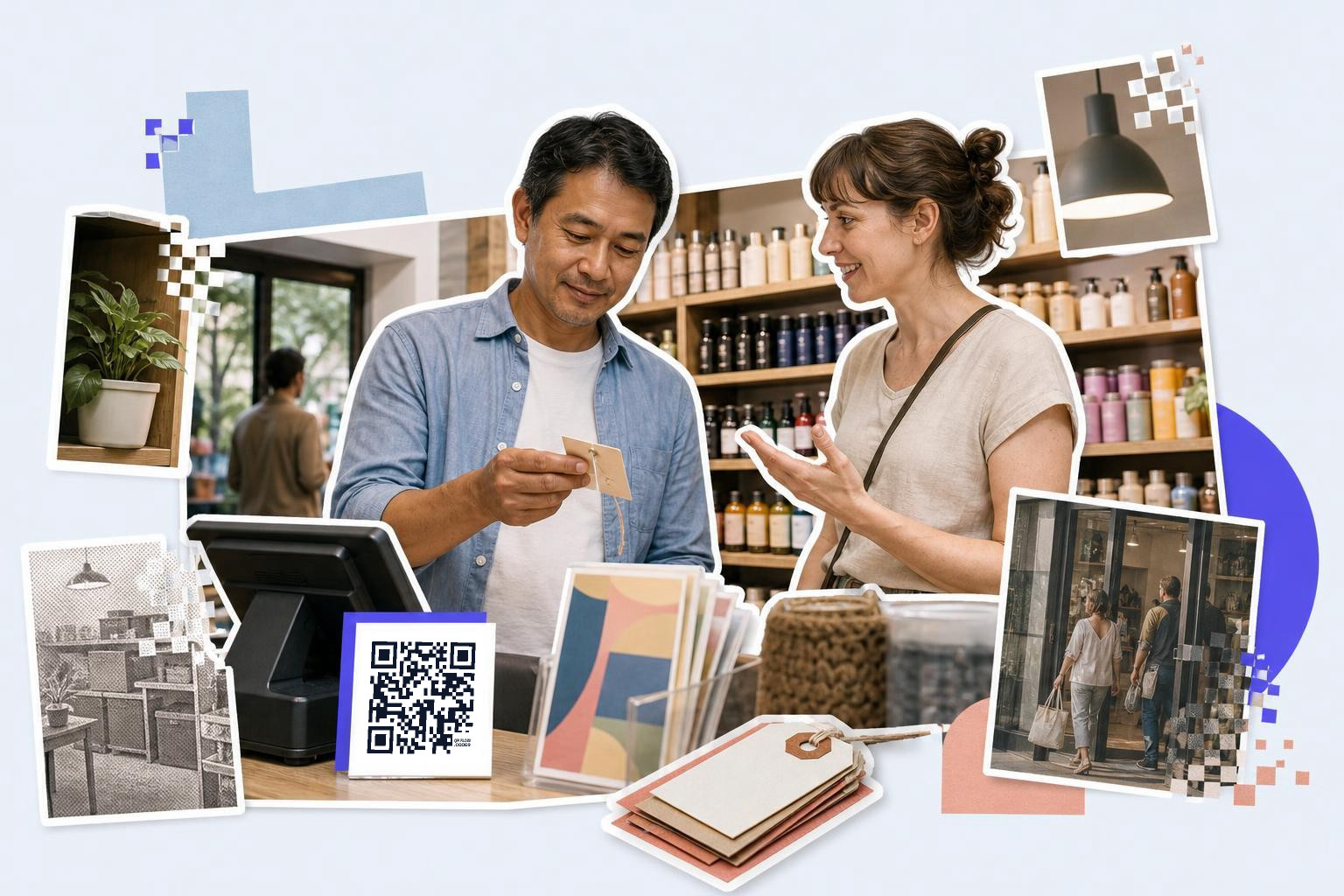 A man and a woman are discussing in a shop, the man holds a card with a QR code, shelves filled with products in the background.
