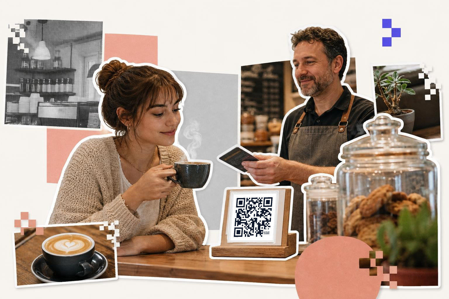 Woman drinking coffee at a cafe counter with a QR code sign and barista holding a card