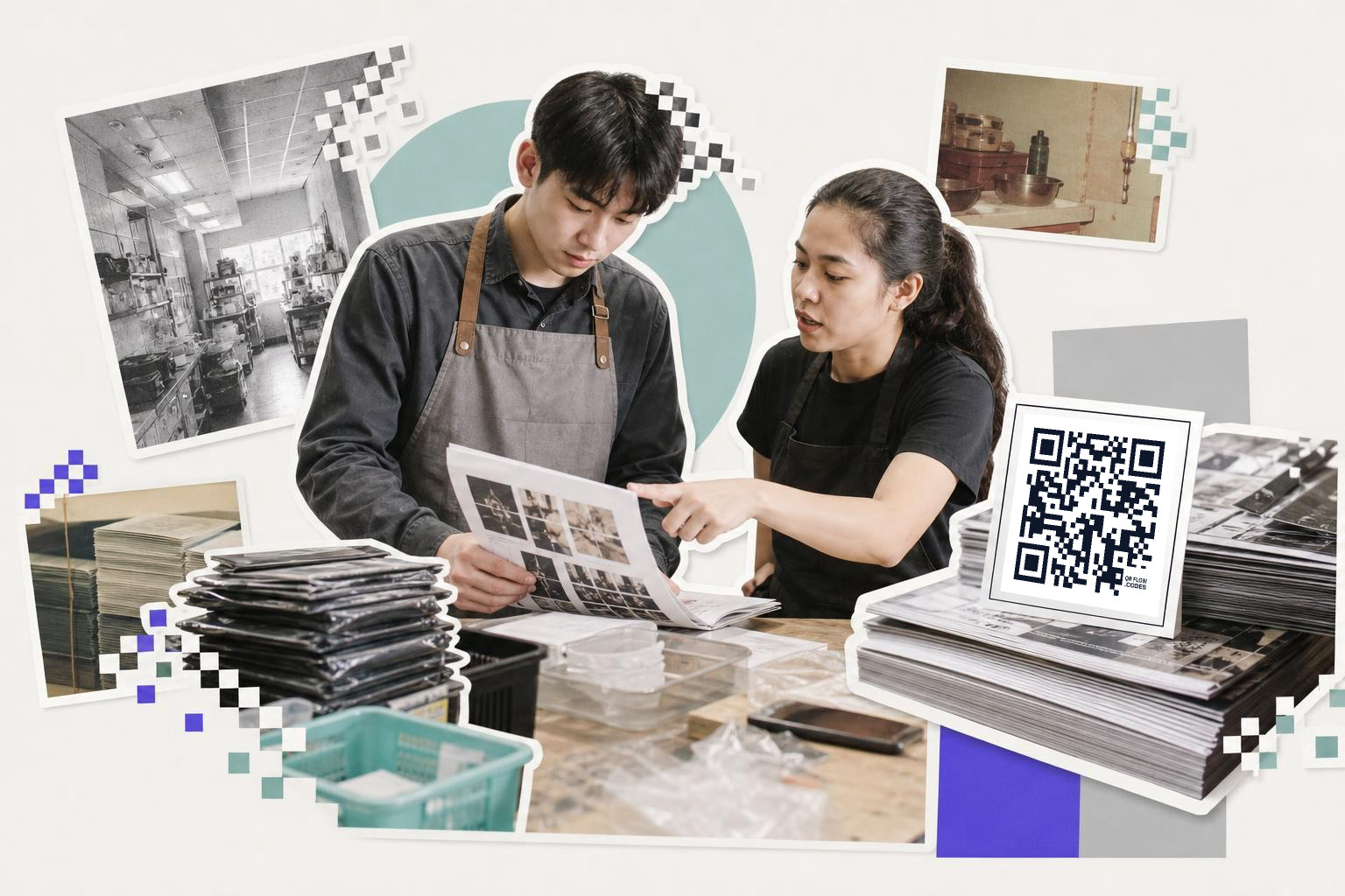 Two people in aprons examine a document at a table with a QR code nearby.