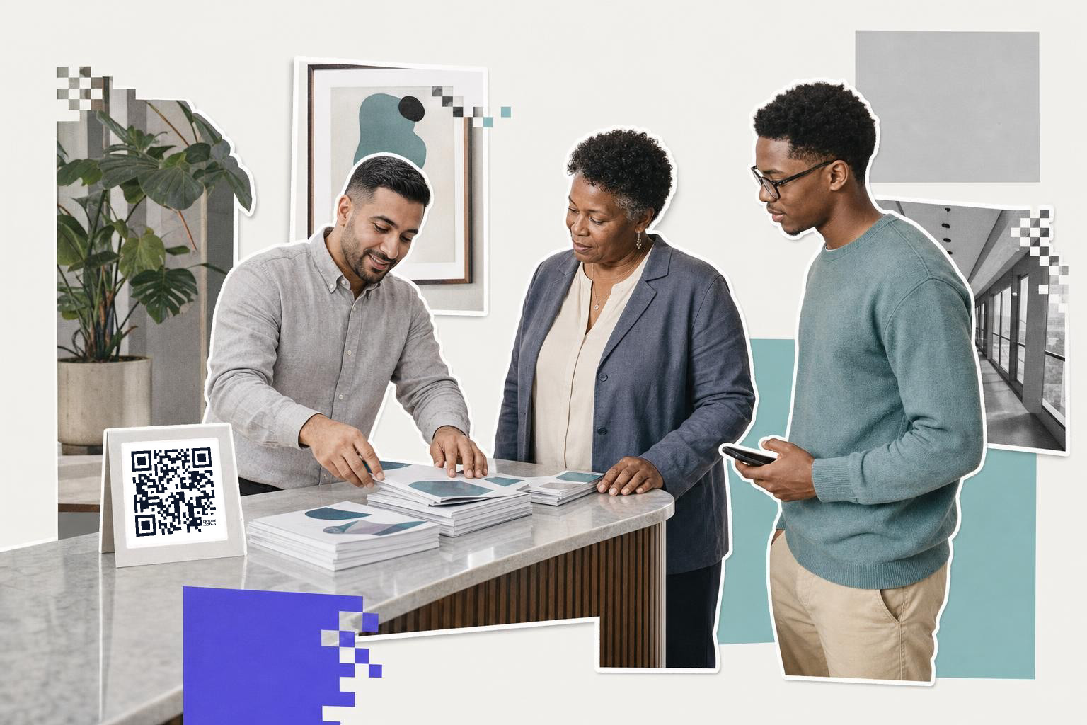 Three people discussing documents at a counter with a qr code that doesn't expire on a card