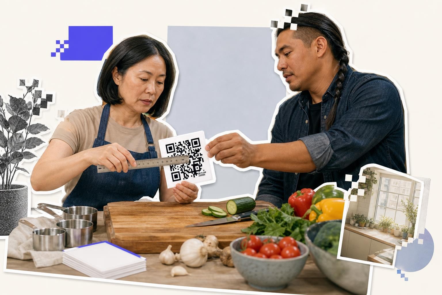 Two people in a kitchen measuring a QR code card with vegetables on the table.