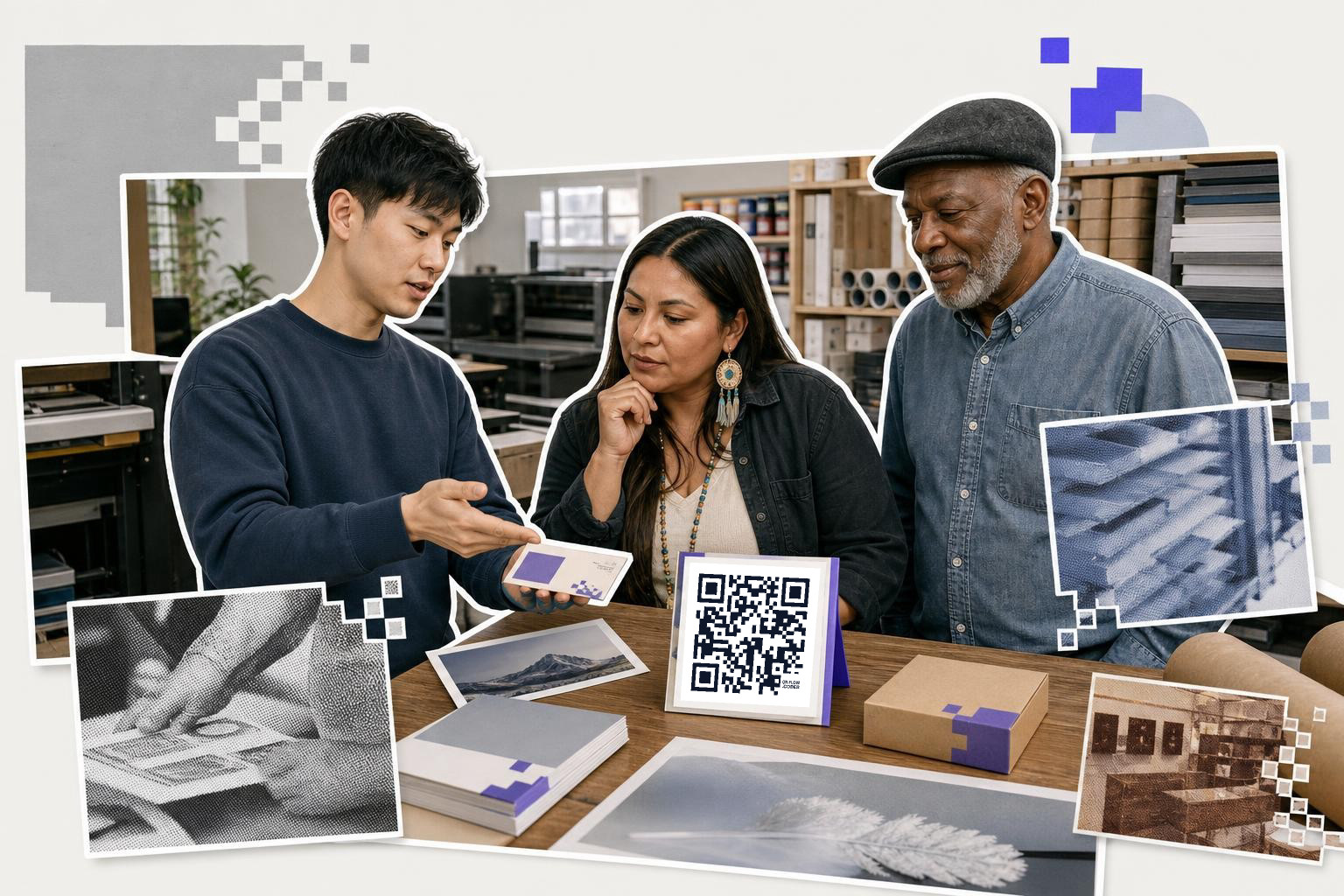 Three people in a print shop examining a QR code on a card with various printed materials around.