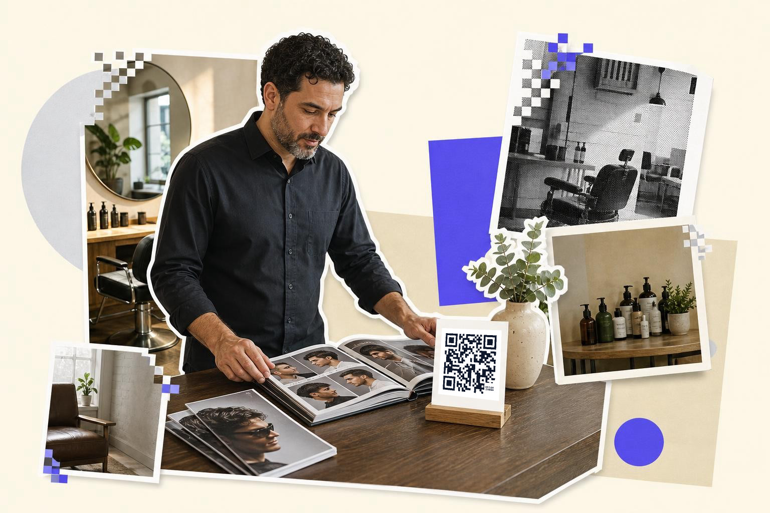 Man in a barbershop looking at hairstyle magazines with a QR code on the counter.