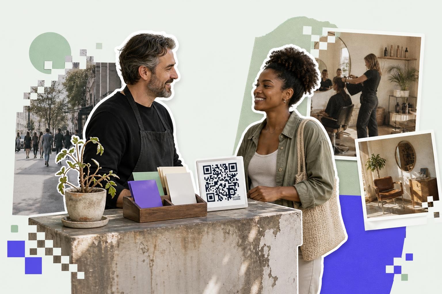 Man and woman smiling at each other over a counter with a QR code card, outdoor and salon scenes behind.
