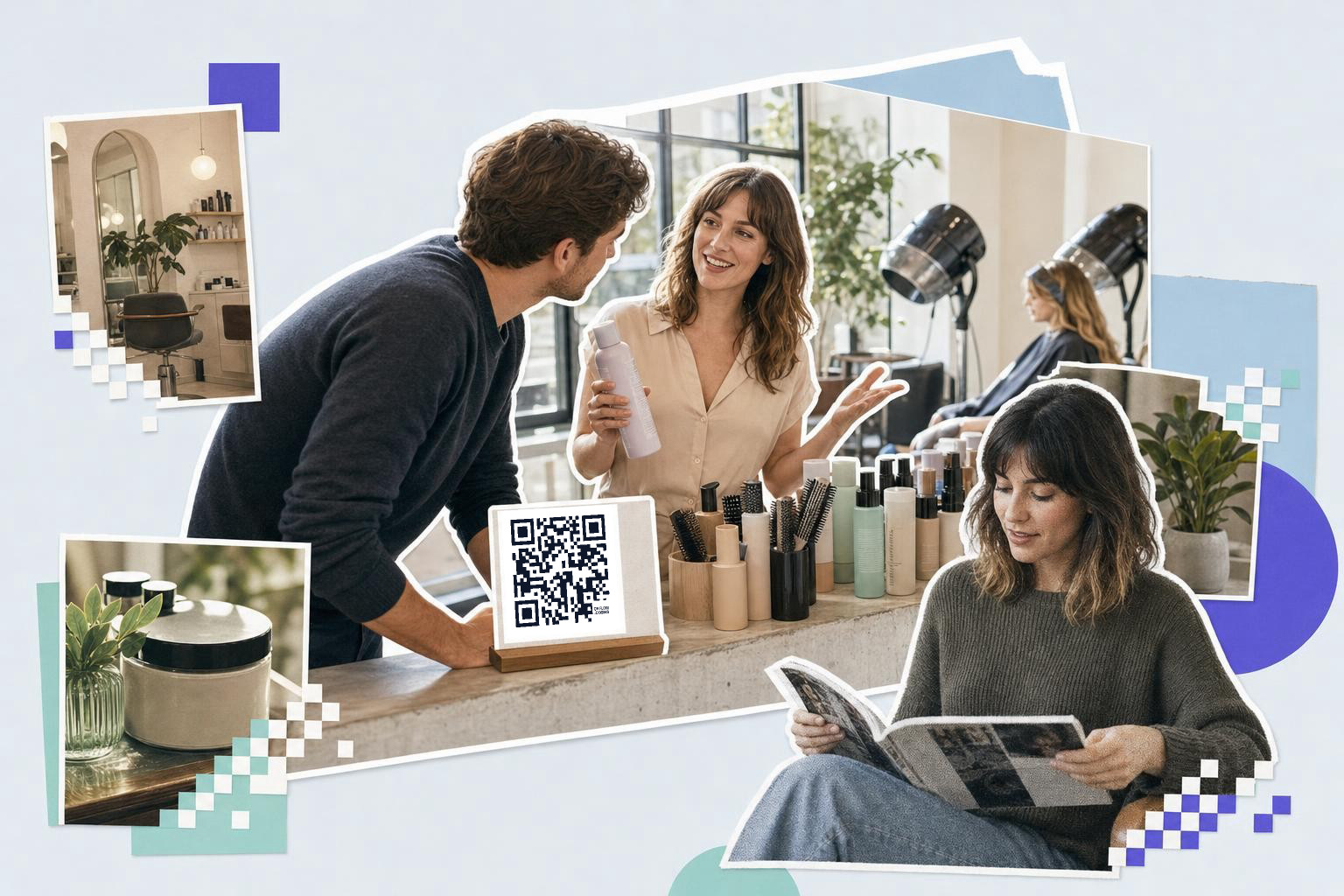 People in a salon discussing hair products with a QR code sign on the counter and a woman reading a magazine.