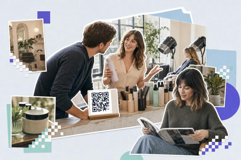 People in a salon discussing hair products with a QR code sign on the counter and a woman reading a magazine.