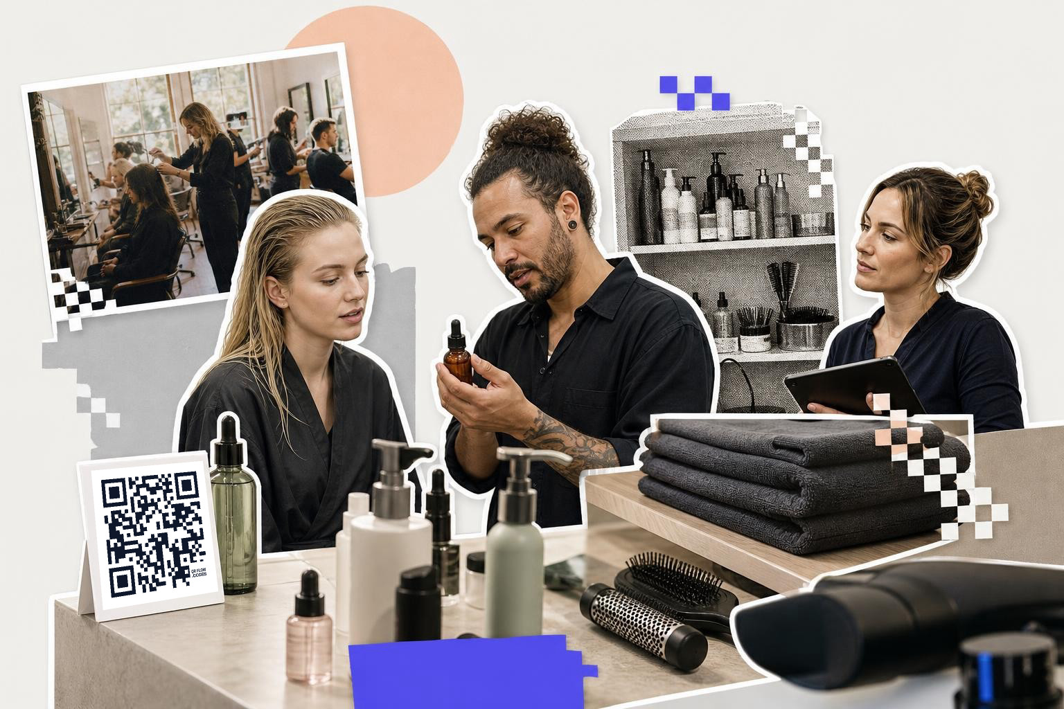 Three people in a salon discussing a product, with a QR code on a counter nearby.