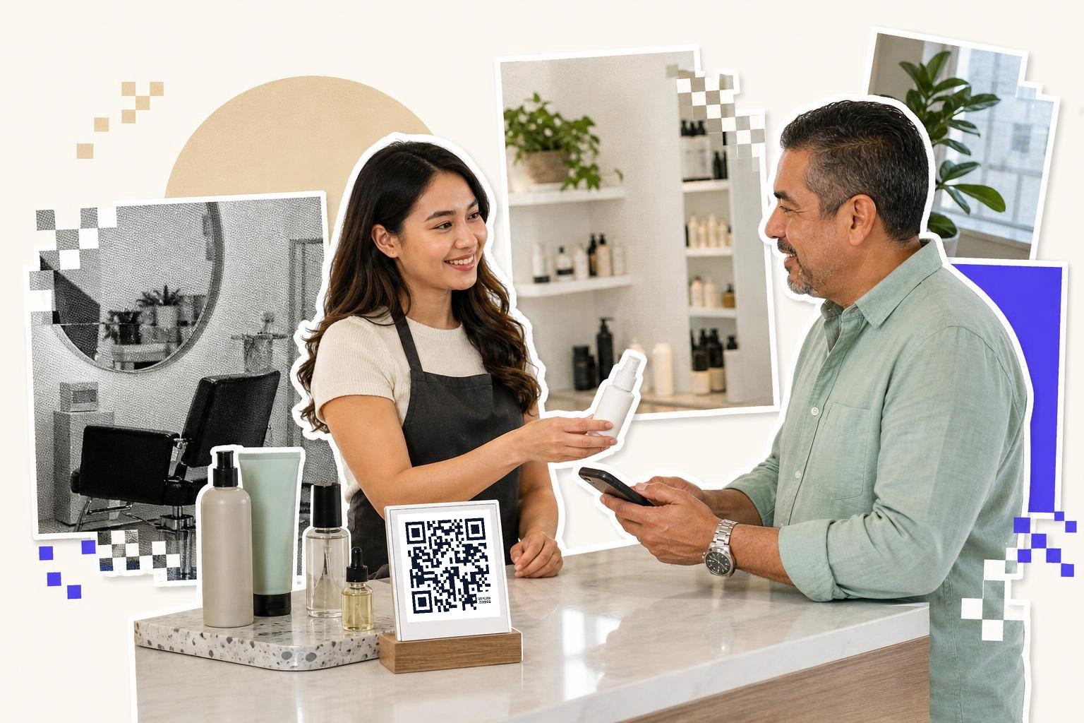 Woman in apron hands bottle to man at counter with QR code sign and products displayed.