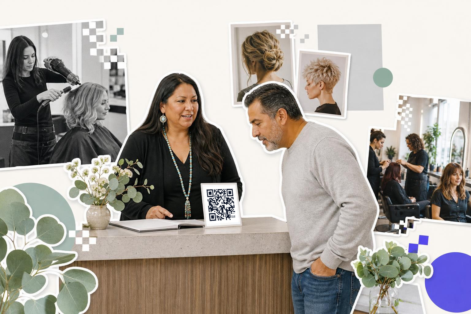 Woman at salon reception desk with QR code card, man leaning over, hair styling photos on wall.