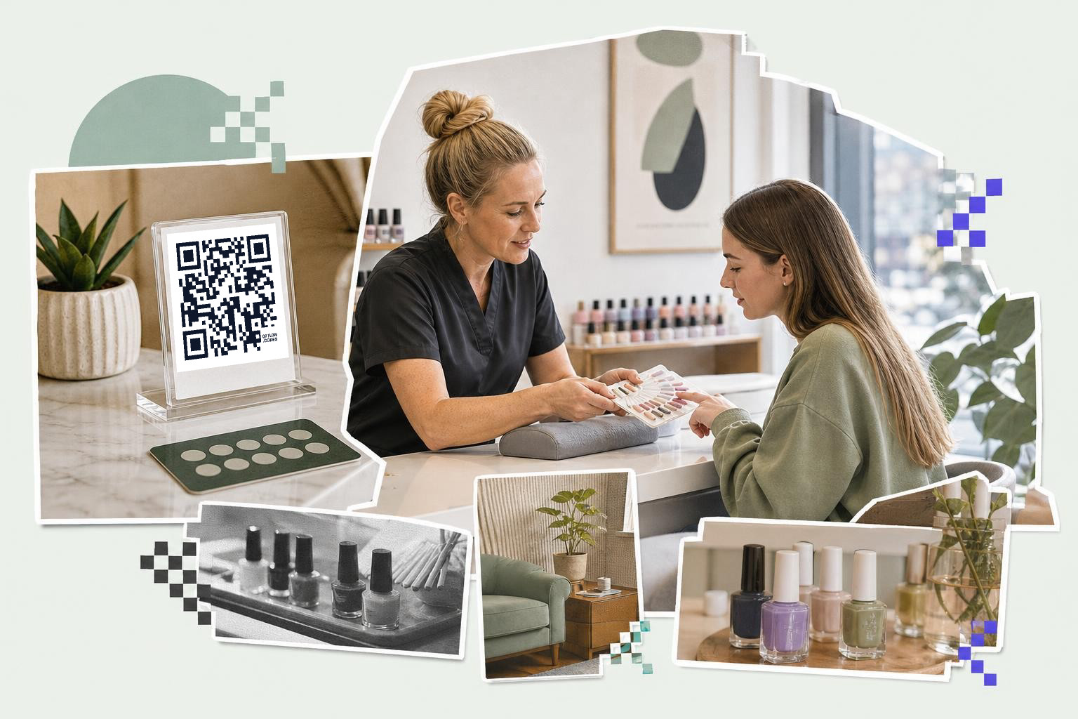 Two women at a nail salon with a QR code on the counter and nail polish bottles displayed.