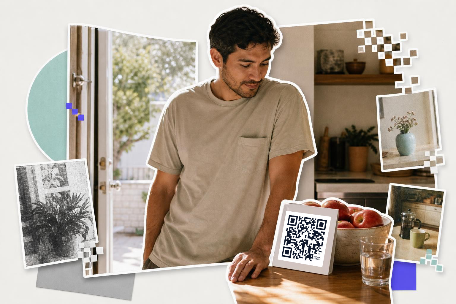 Man in a kitchen leaning on a table with a QR code card beside a bowl of apples.