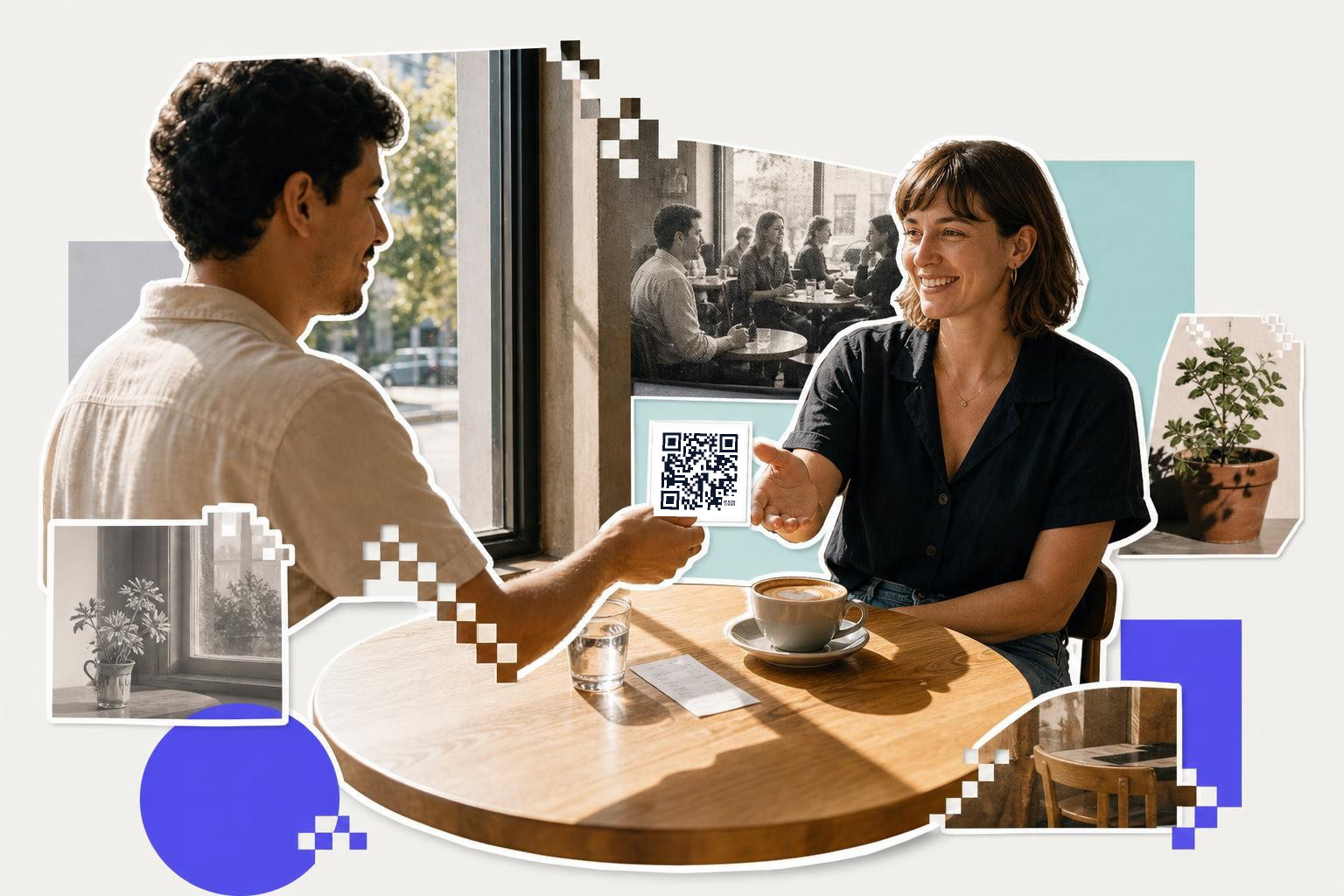 Two people at a cafe table exchanging a QR code card with coffee and plants around.