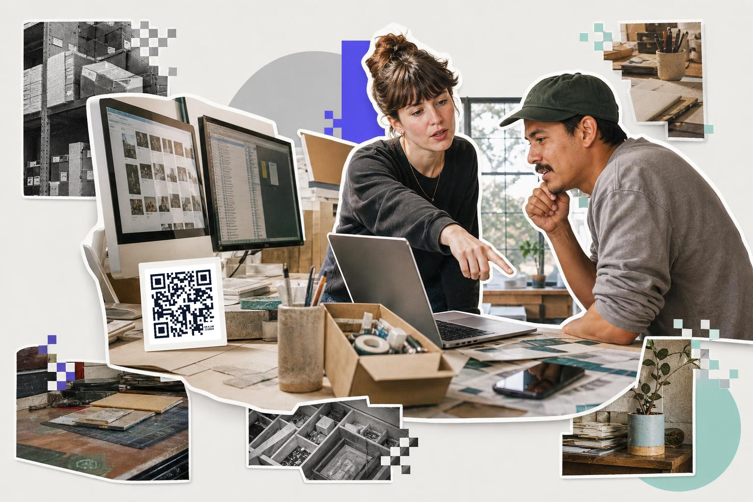 Two people discussing at a desk with computers and a QR code card, surrounded by warehouse images.