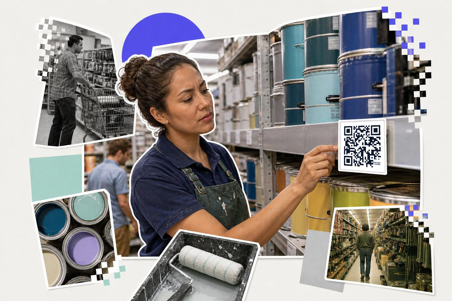 Woman in store holding QR code card near paint cans, surrounded by various shopping scenes.