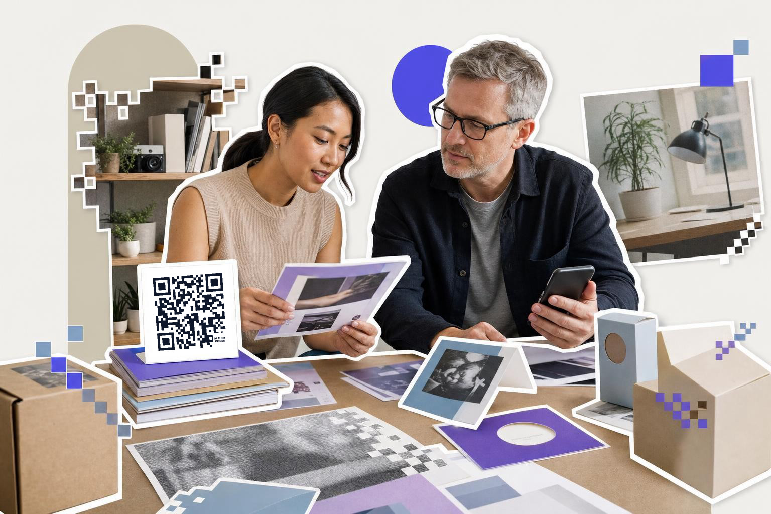 Two people discuss qr code marketing news at a table with photos and a QR code card.