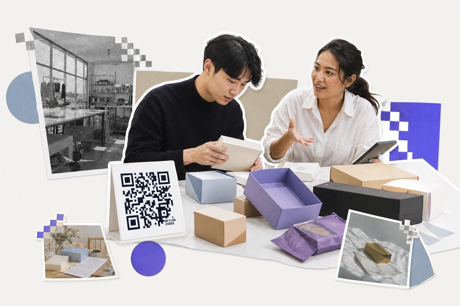 Two people discussing packaging designs at a table with a QR code card and various boxes.