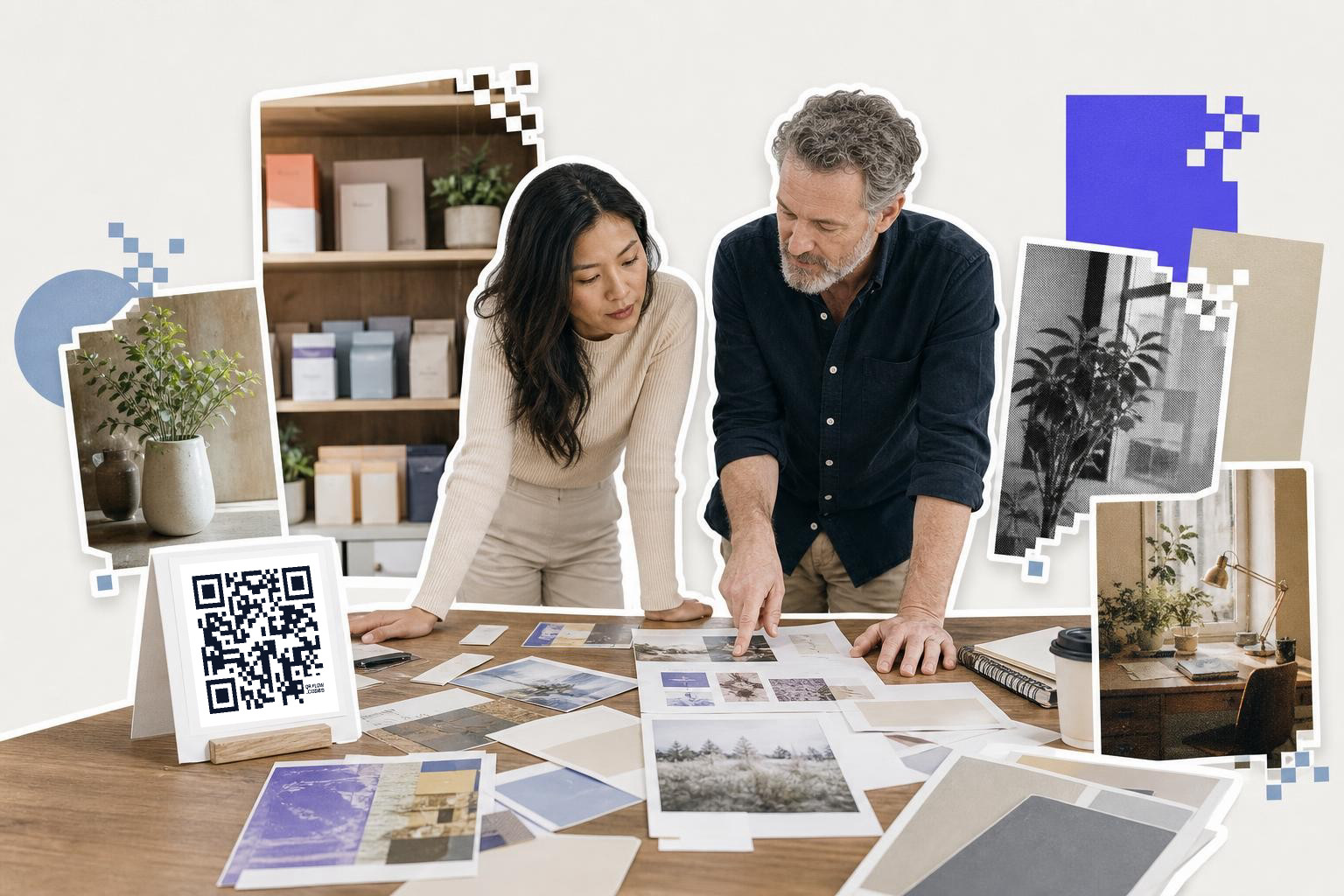 Two people reviewing photographs on a table with a QR code card nearby in an office setting.