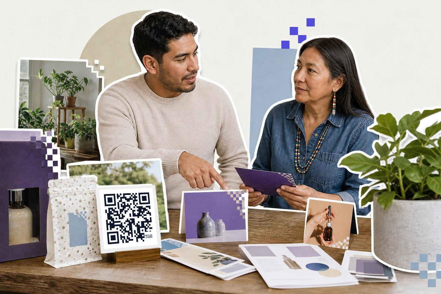 Two people sitting at a table discussing documents with a QR code card and plants around them.