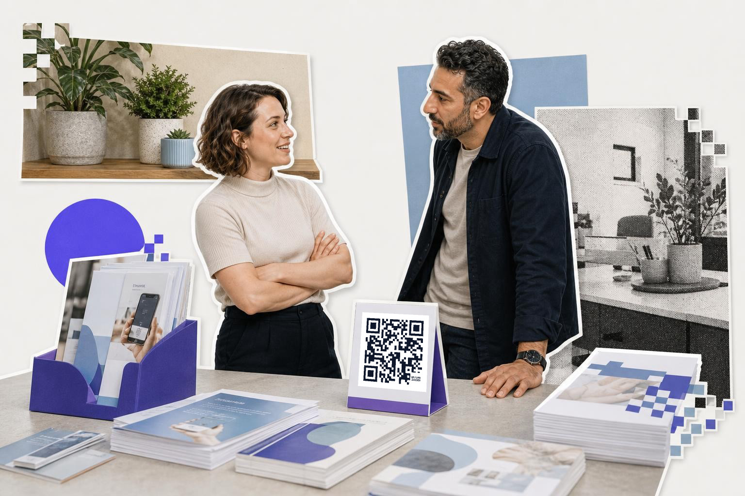 Two people talking at a table with brochures and a QR code card, plants in the background.