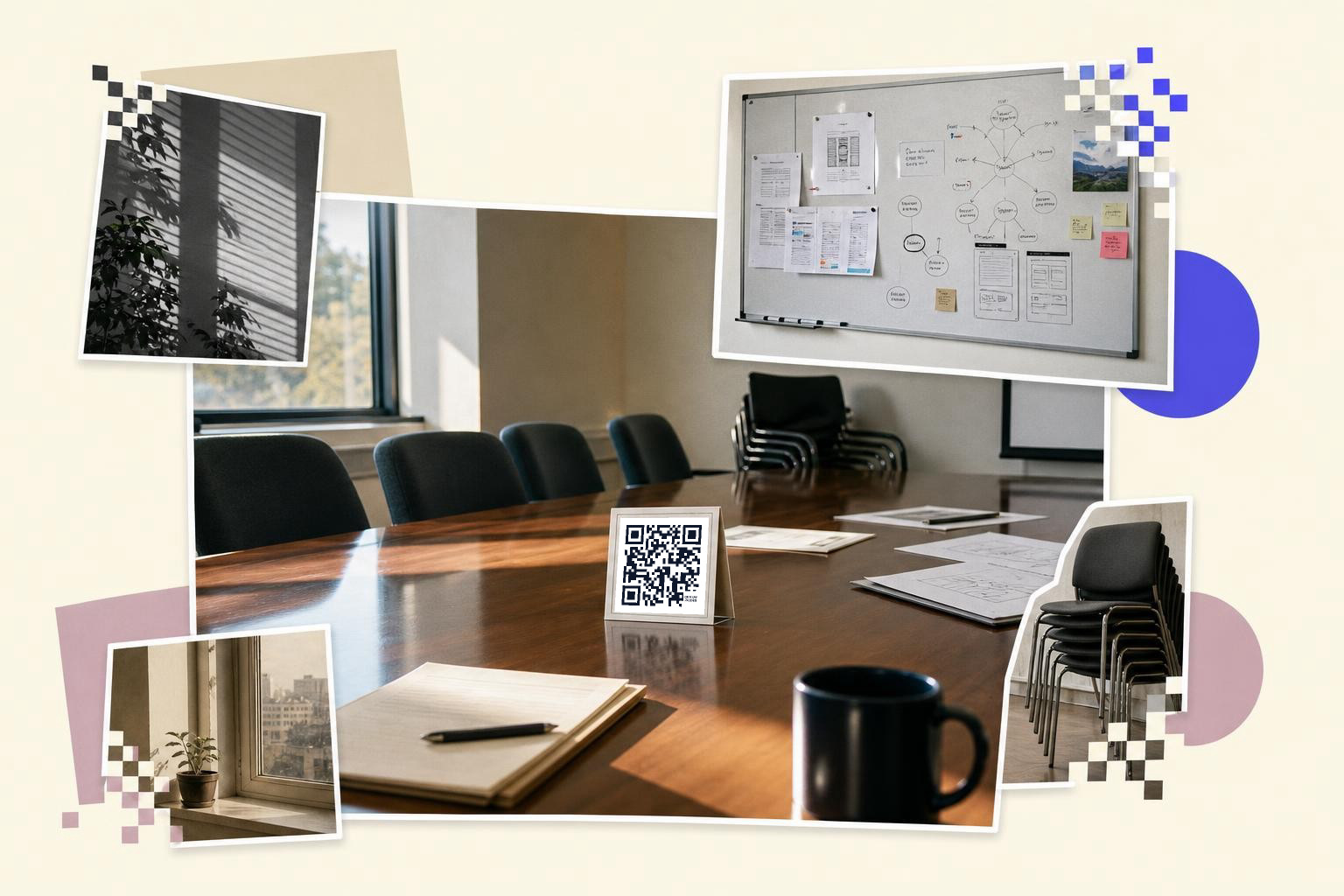 Conference room with QR code on table, whiteboard, stacked chairs, and window views.