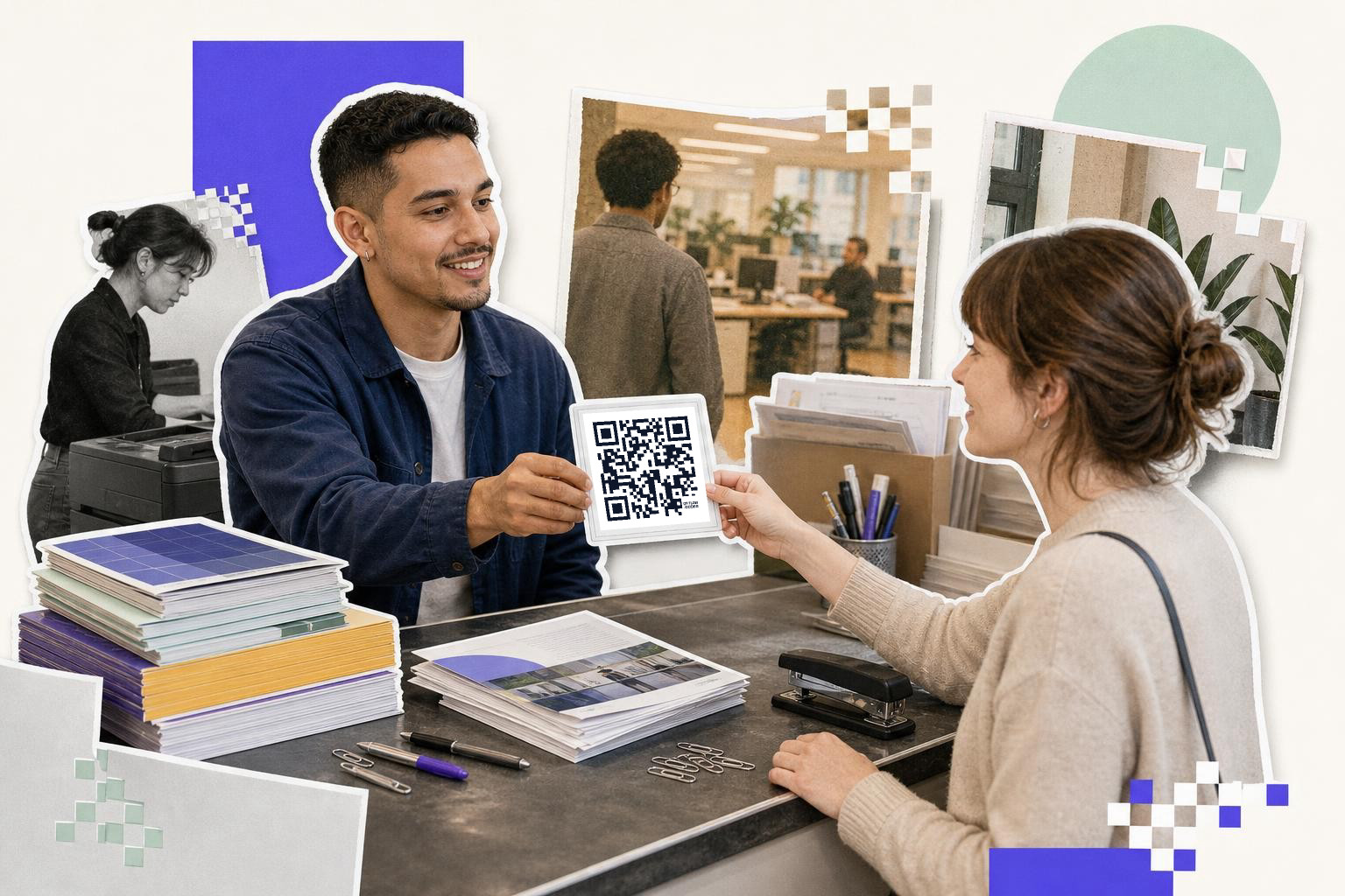 Man hands a QR code card to a woman across a desk with office supplies and papers.