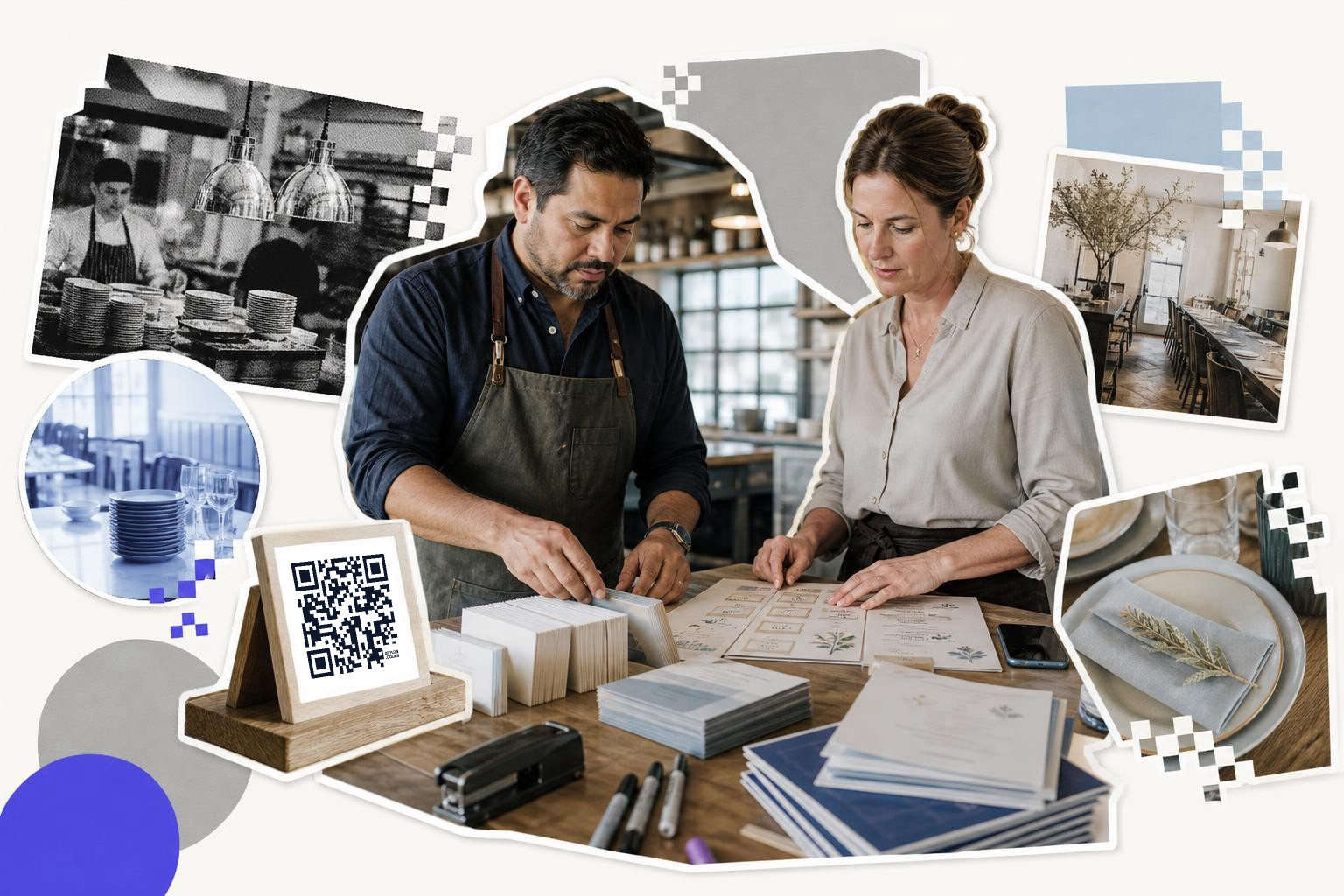 Two people in aprons work with papers on a table with a QR code stand nearby.