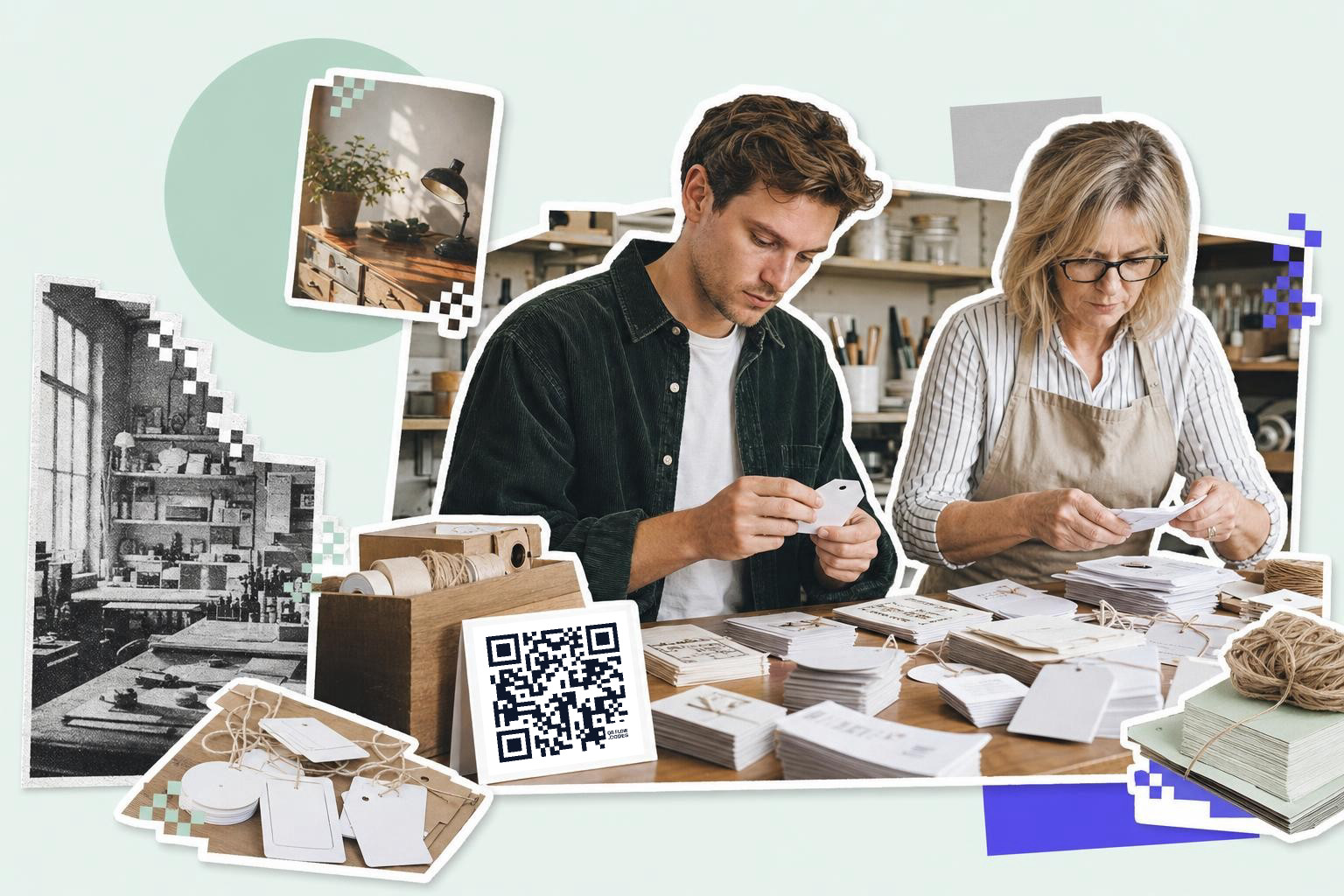 Two people crafting tags at a table with a QR code card labeled best QR code generator for bulk orders., best qr code ge