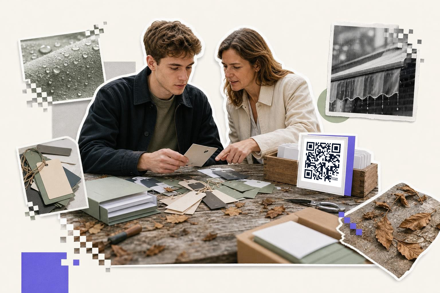 Two people examining cards at a table with a QR code card in a wooden box nearby.