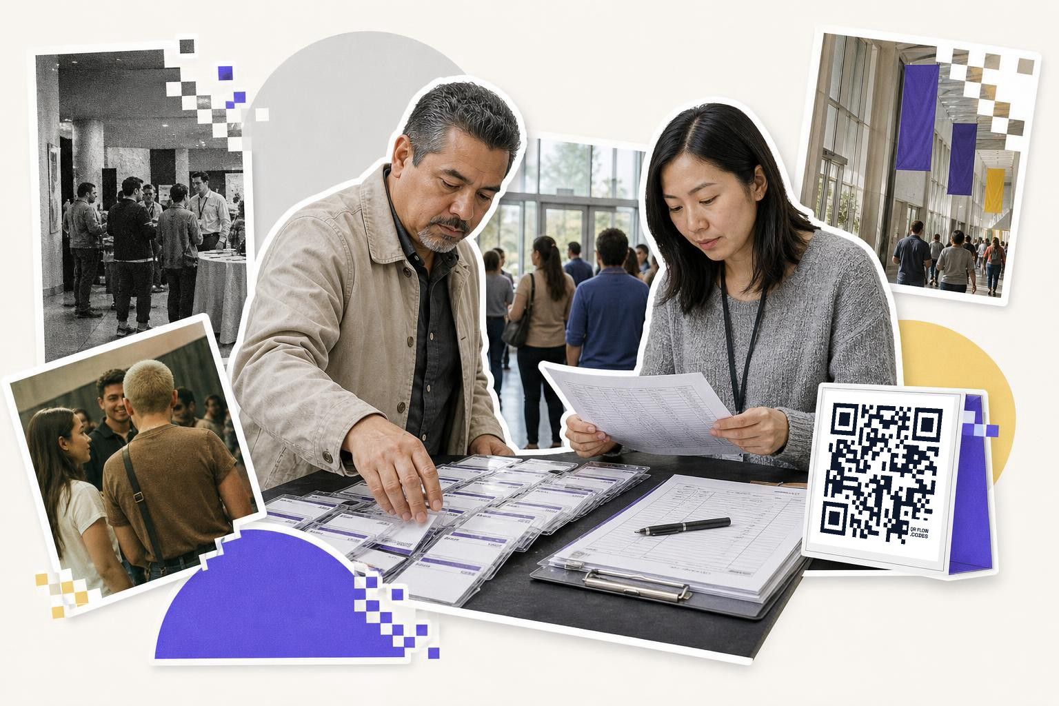 Two people at a registration table with a QR code card and people in the background.