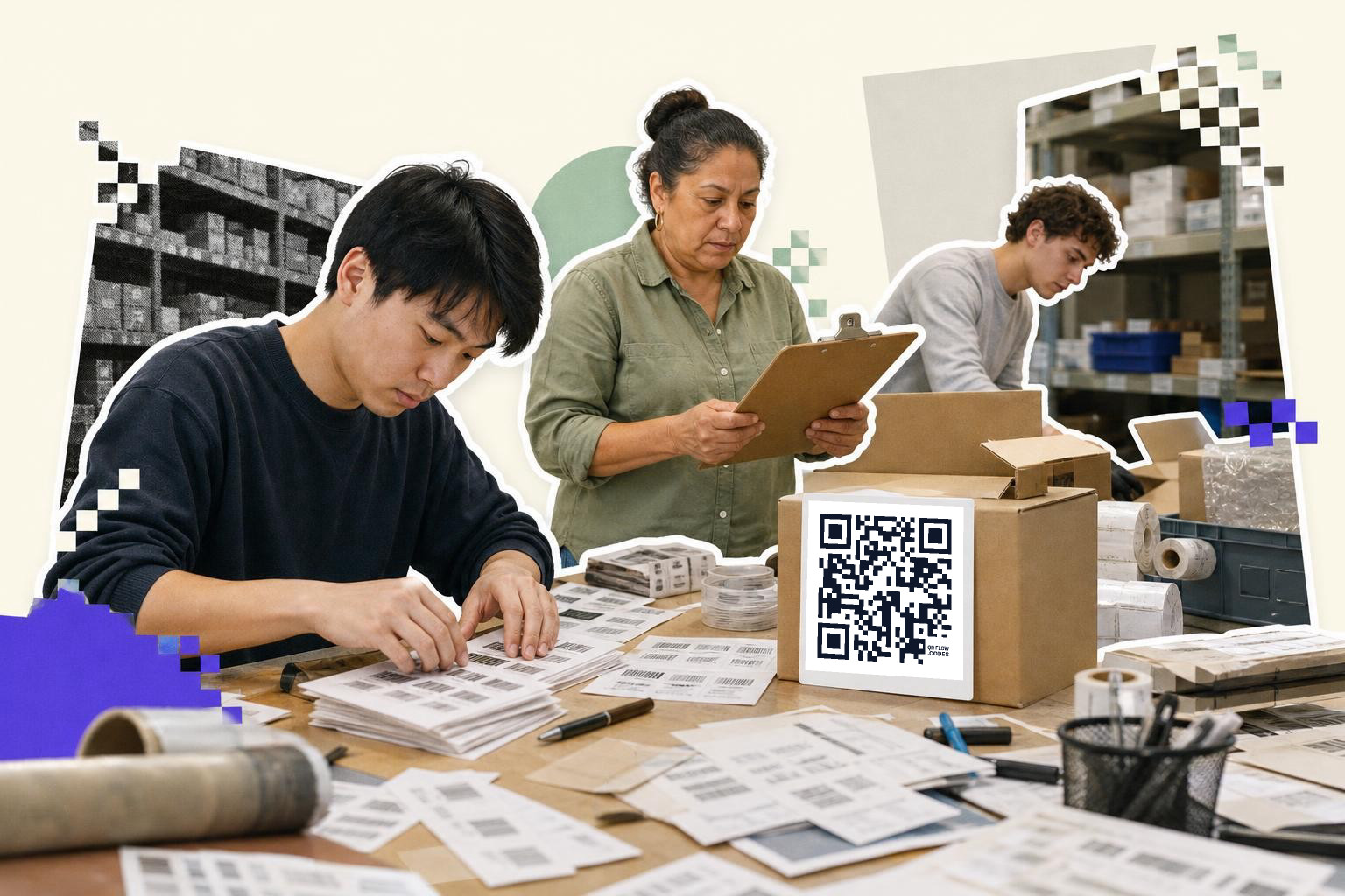 Three people working in a warehouse with a QR code on a cardboard box.