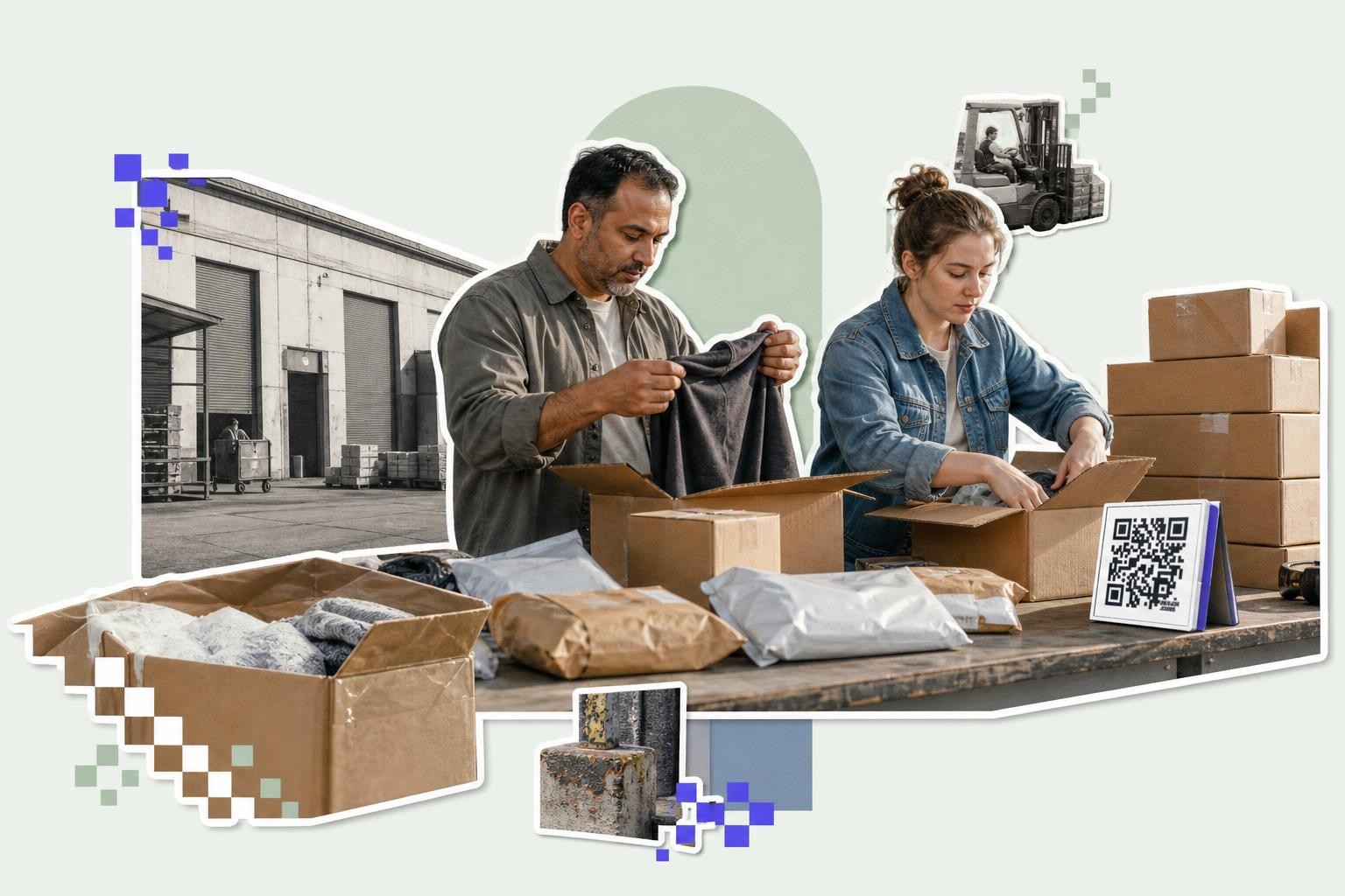 Two people packing boxes at a table with a QR code card and warehouse background.