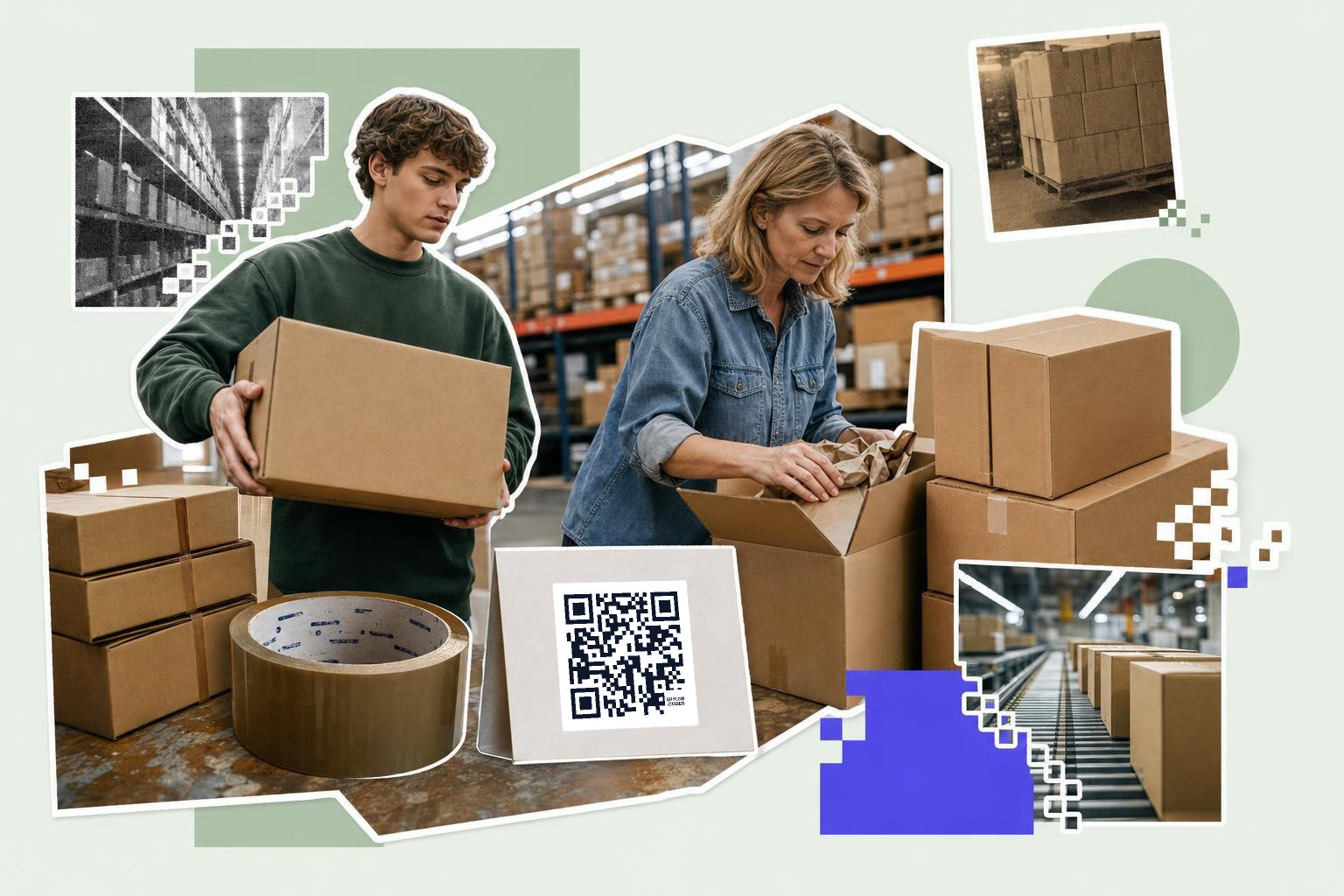 Two people packing boxes in a warehouse with a QR code card on the table, illustrating QR codes in logistics.