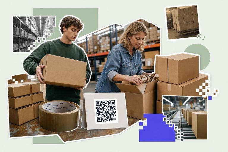 Two people packing boxes in a warehouse with a QR code card on the table, illustrating QR codes in logistics.