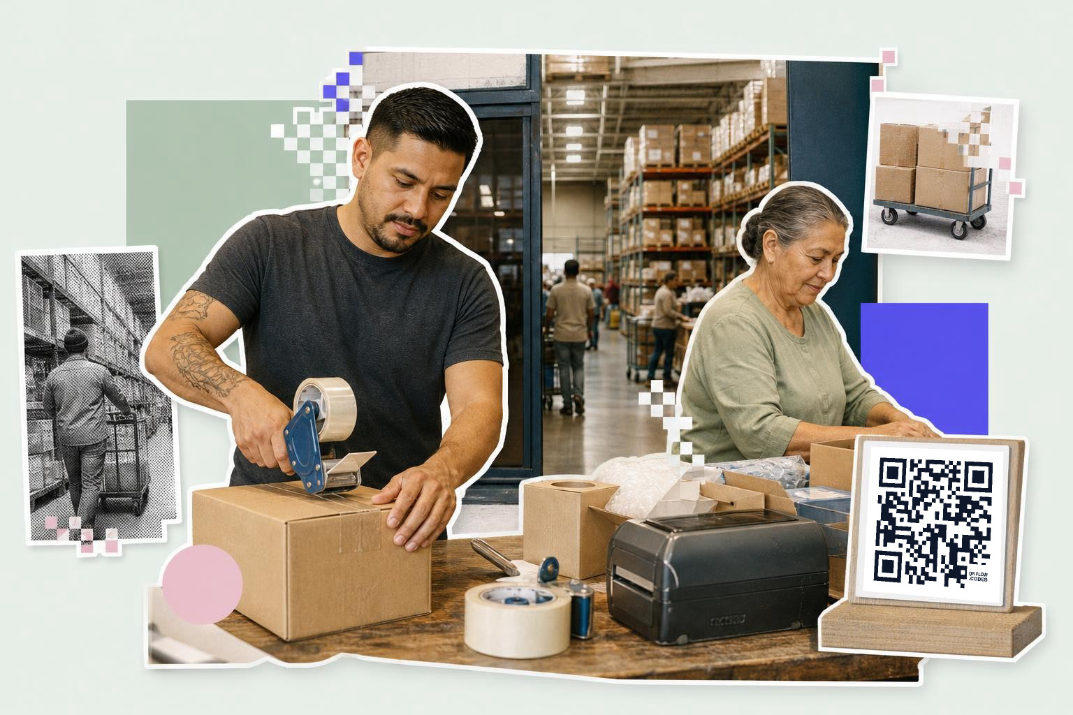 A man seals a box with tape while a woman organizes items in a warehouse, with a QR code on a printed card nearby.