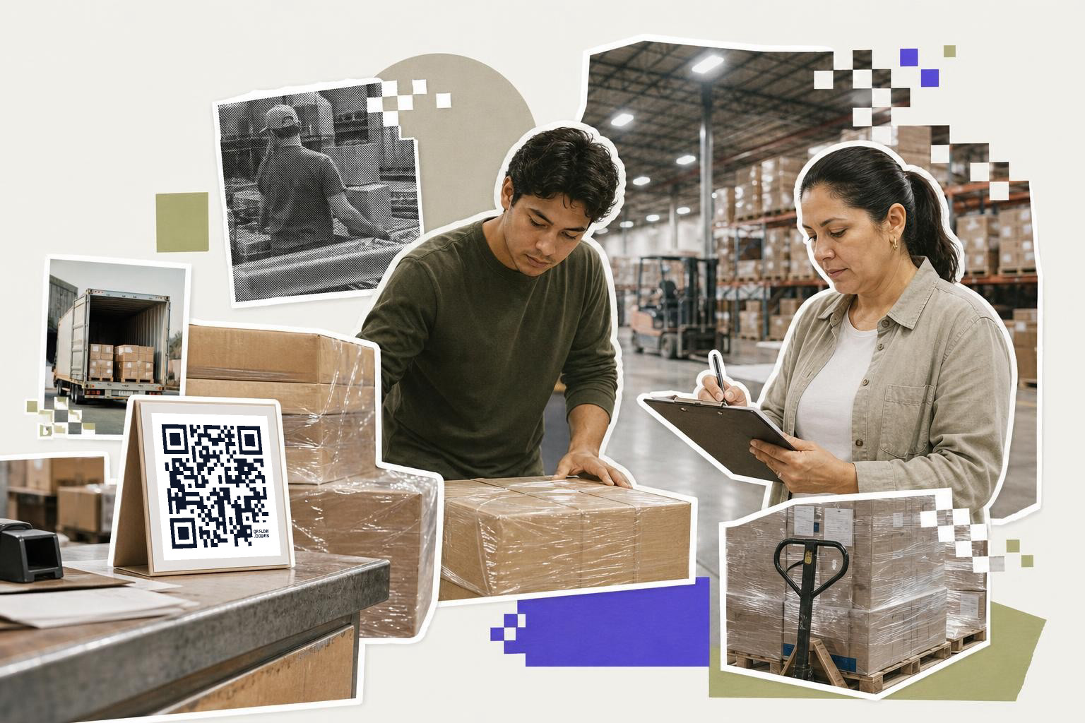 Two warehouse workers, one packing boxes and the other checking a clipboard, with a QR code on a stand nearby.
