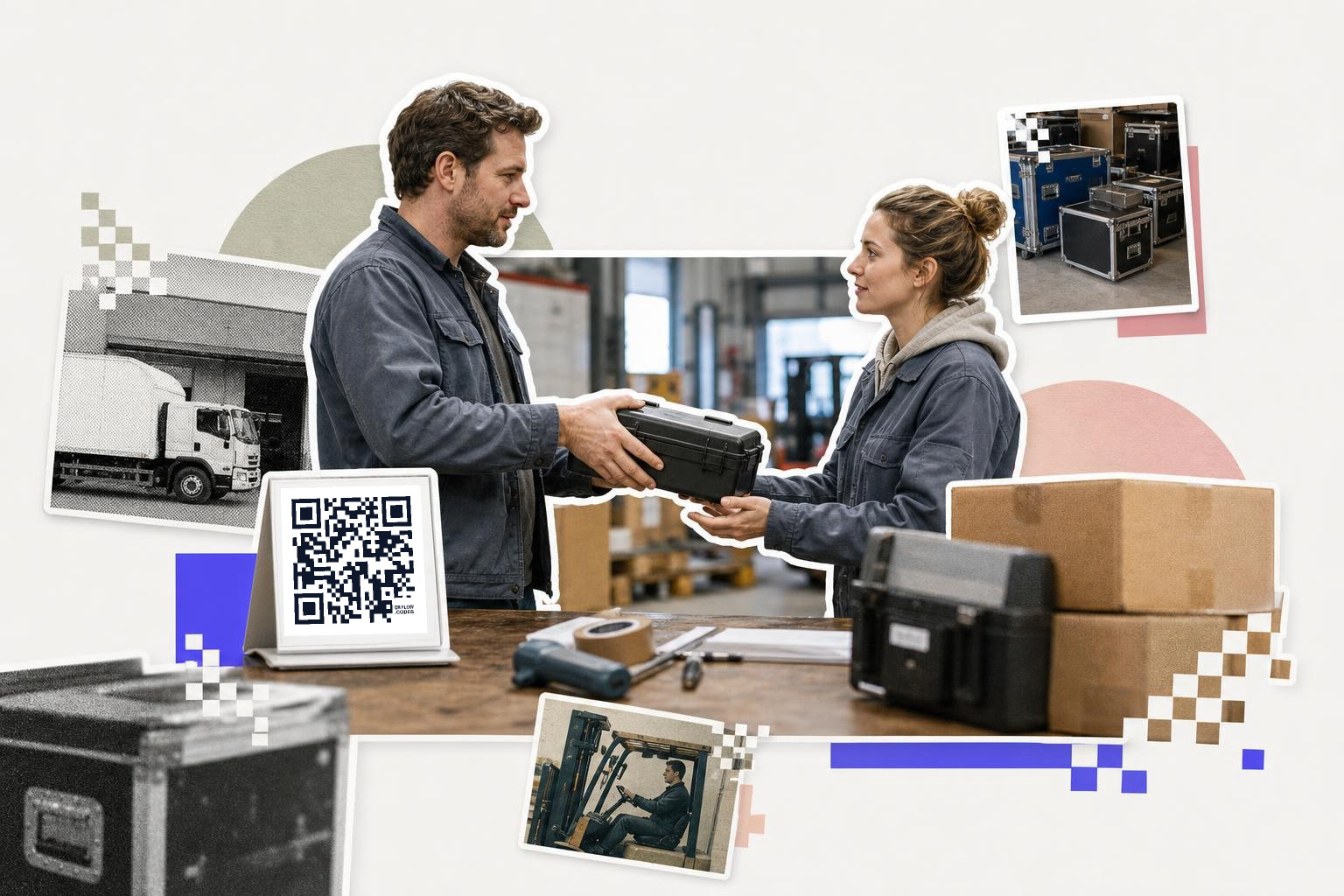 Two people in a warehouse exchanging a black case with a QR code on a table nearby.