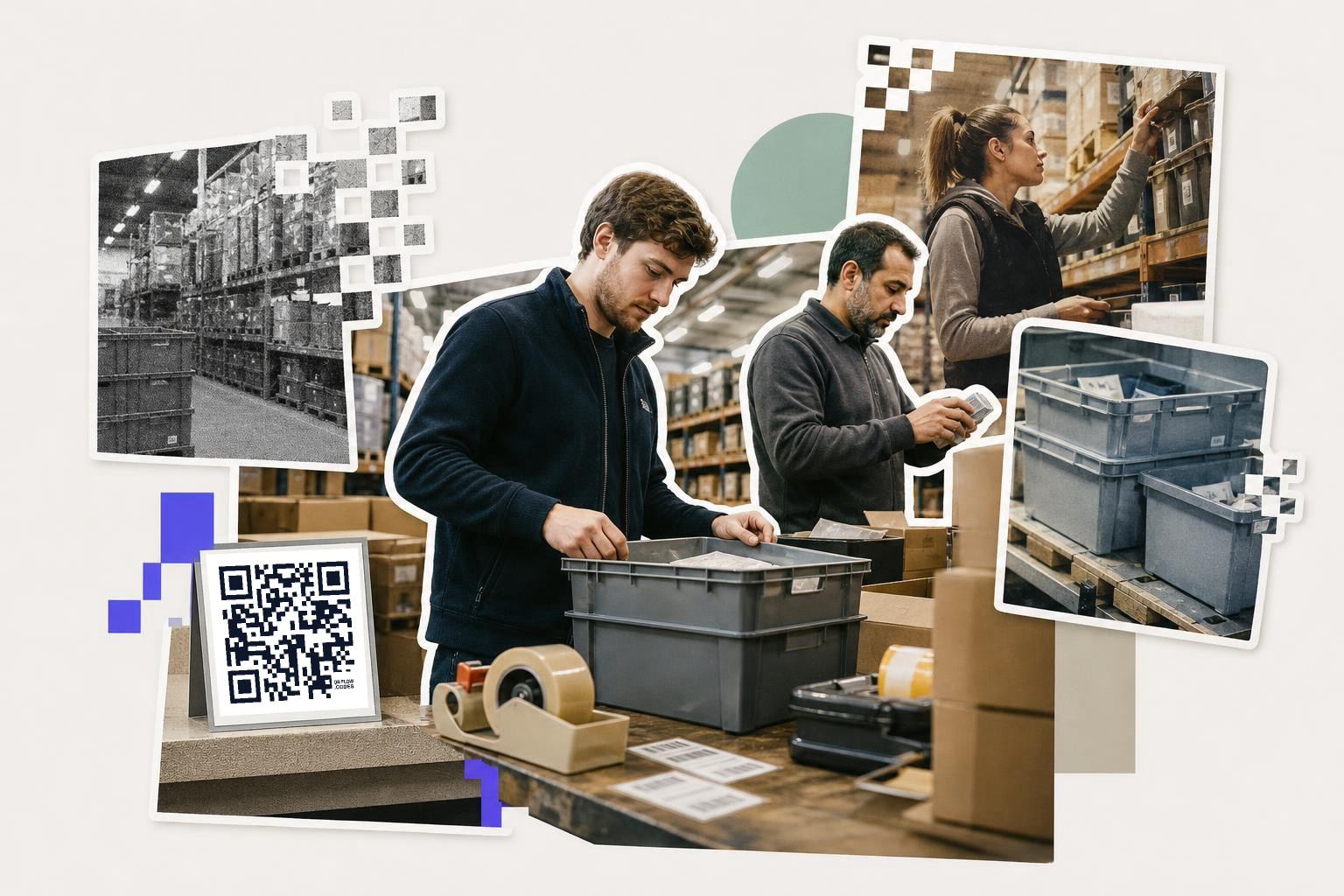 Two workers in a warehouse are organizing items in gray bins, with a printed card holding a QR code on the table.
