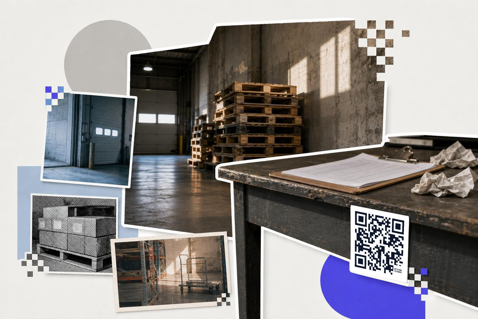 Warehouse interior with stacked pallets, clipboard on table, and QR code on table edge.
