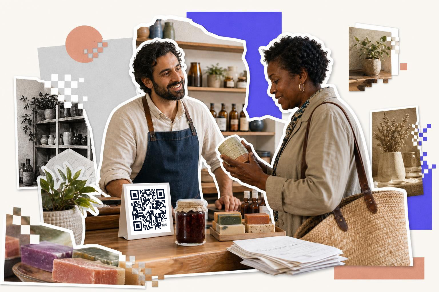 A man in an apron smiles at a woman holding a jar in a shop with a QR code on the counter.