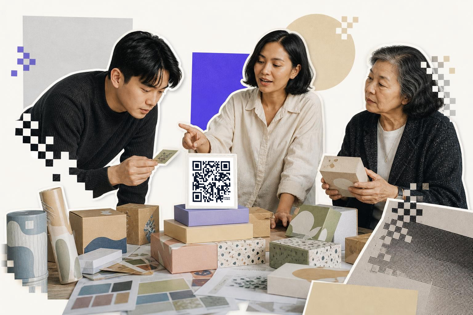 Three people examining packaging designs with a QR code on a box in the center.