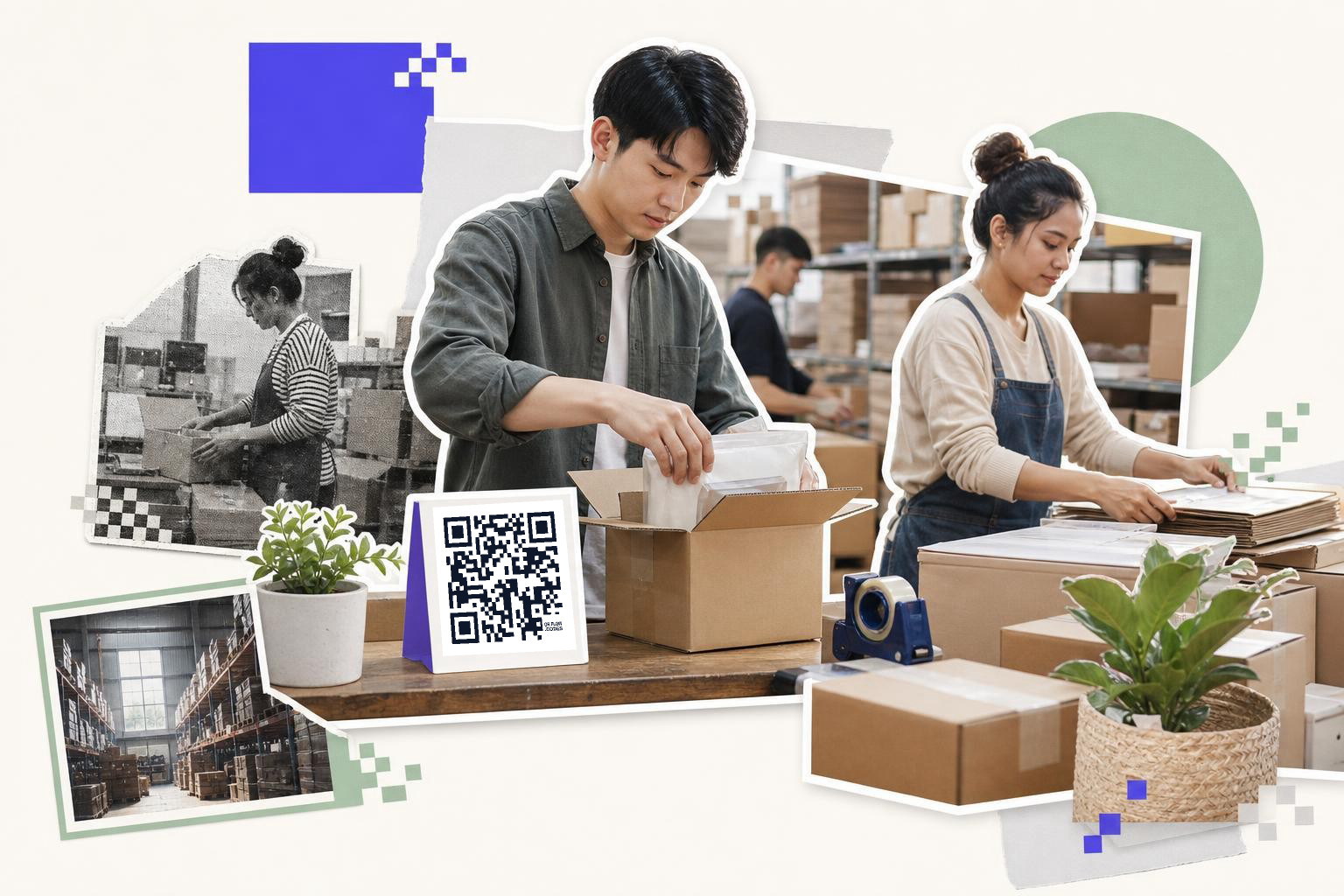 People packing boxes in a warehouse with a QR code on a table and plants nearby.