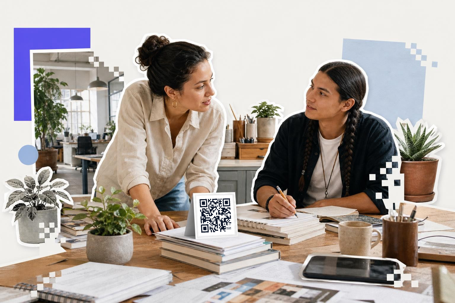 Two people at a table with books and a QR code card, discussing in a modern office.
