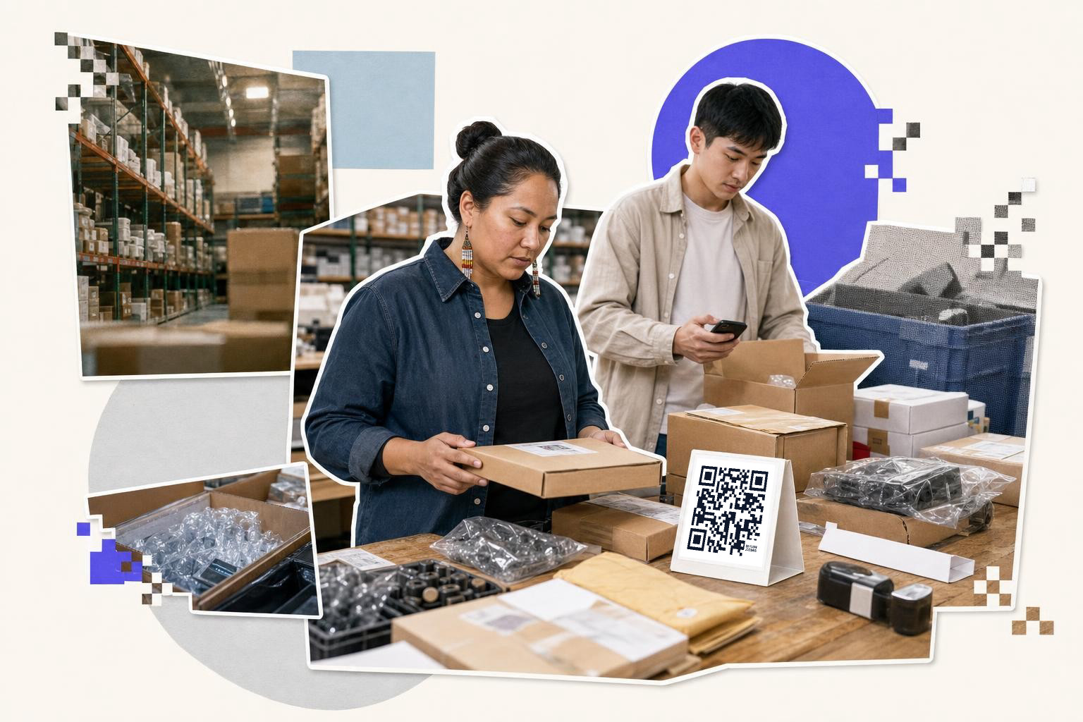 Two people in a warehouse packing boxes with a QR code card on the table., what does qr code stand for
