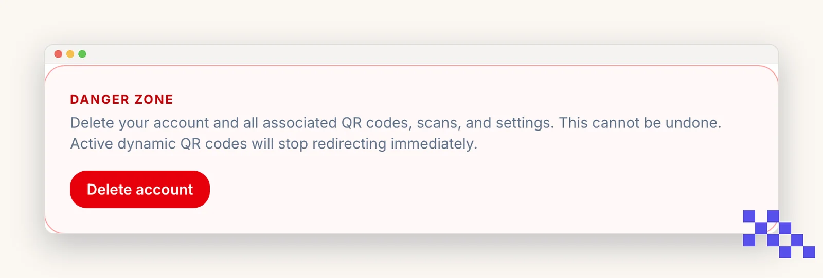 The Danger zone panel warning that deleting the account removes every code and scan