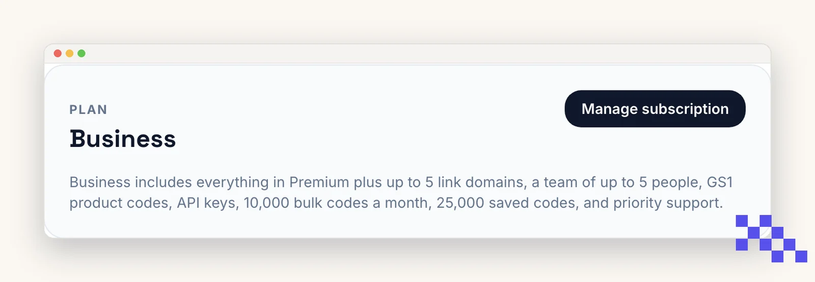 The Plan panel on the account page showing the current plan and a Manage subscription button