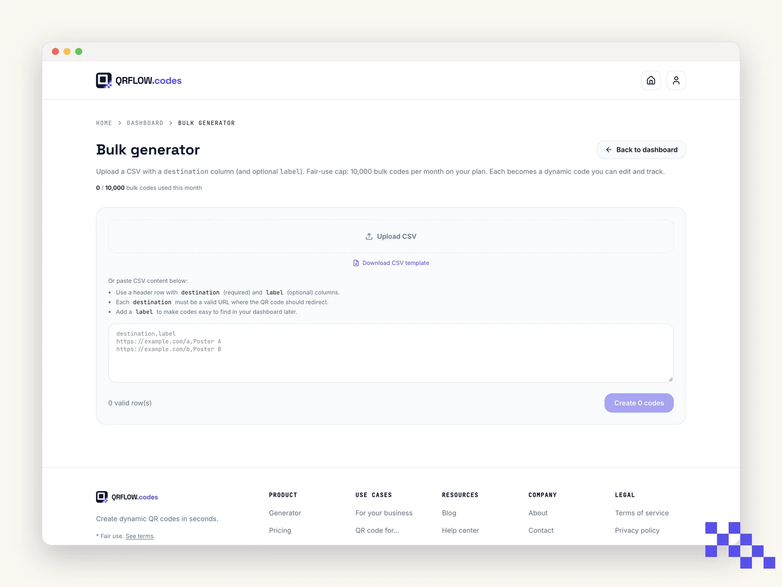 The Bulk generation page with the CSV upload area and the monthly allowance