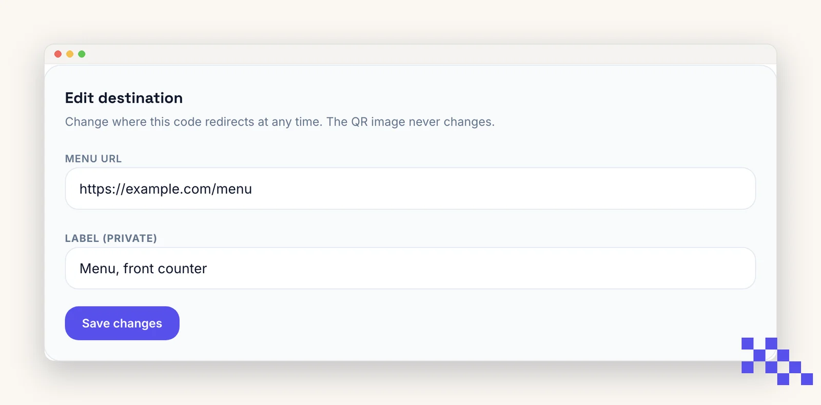 Edit destination panel on a code, showing the saved link and the Save changes button