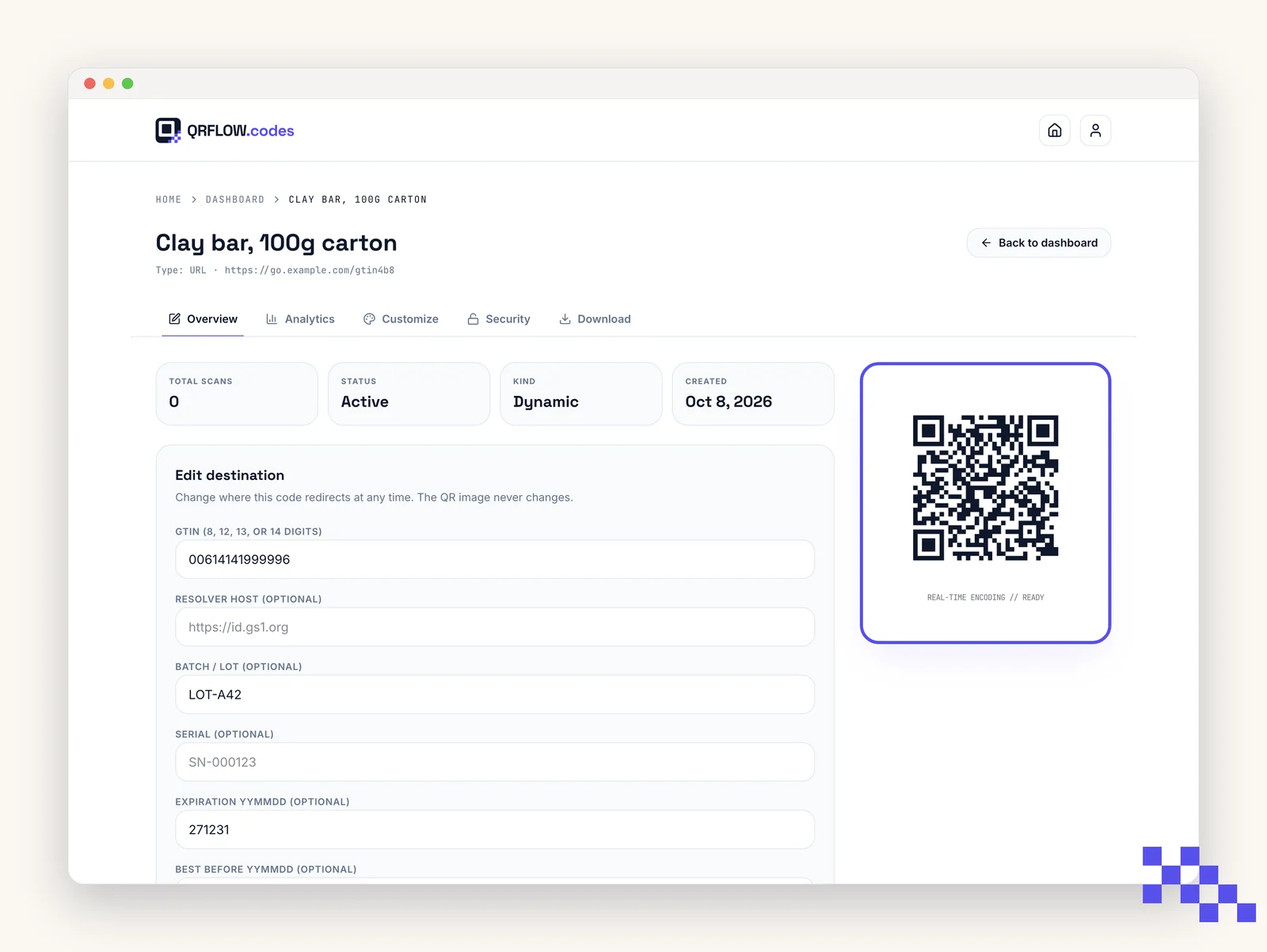A saved GS1 code's overview page showing its GTIN, batch and expiry